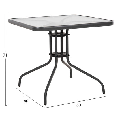 Външна квадратна маса FIGO сив метал - плот от стъкло 80x80x71Hсм.
