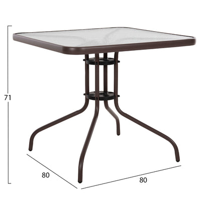 Външна квадратна маса FIGO кафяв метал - плот от стъкло 80x80x71Hсм.