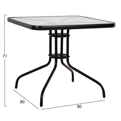 Външна квадратна маса FIGO черен метал - плот от стъкло 80x80x71Hсм.